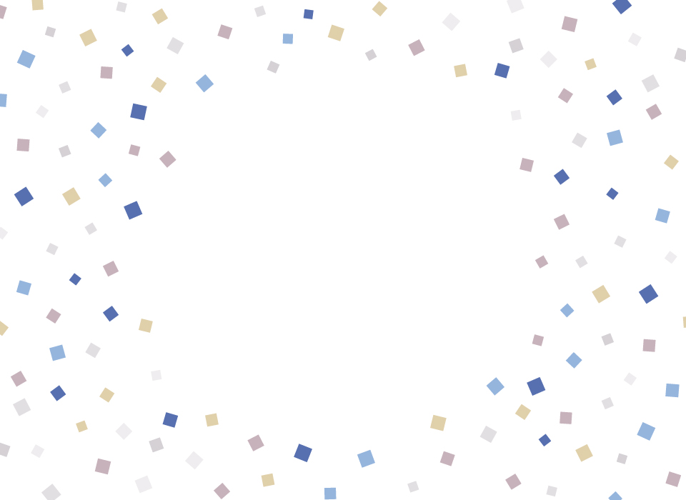 イラスト無料｜紙吹雪の背景　中心にコピースペース　寒色　ブルー系　パーティ　装飾　飾り　明るい色味　四角