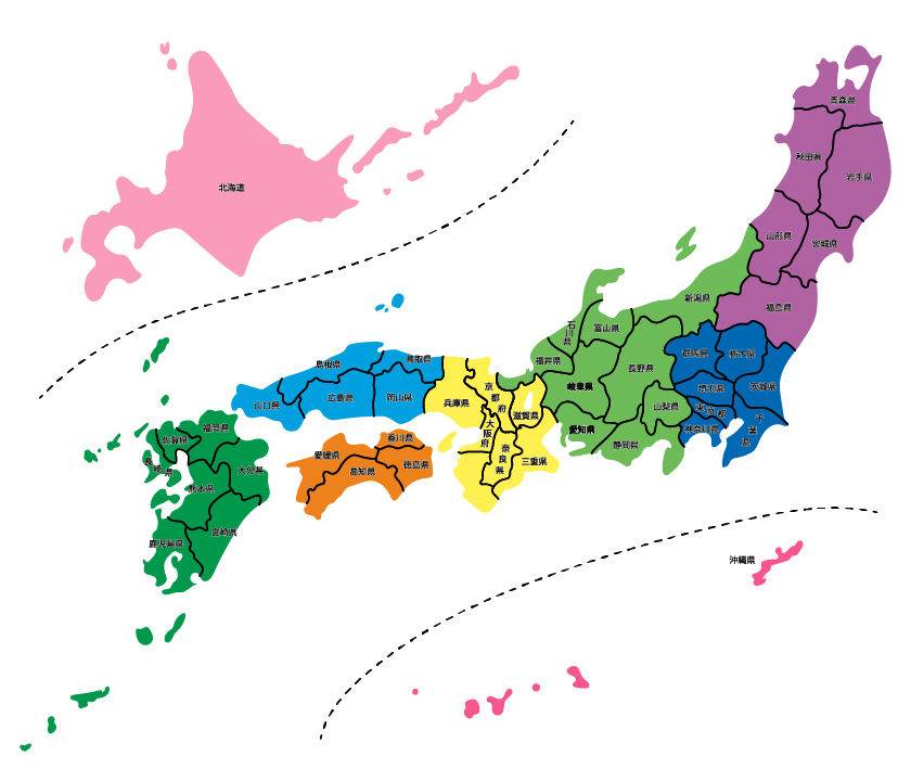 イラスト無料｜シンプルな日本地図　都道府県で色分け