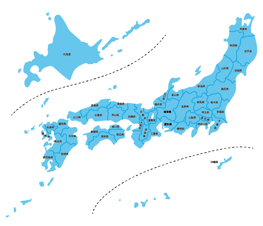 イラスト無料｜シンプルな日本地図　青色　都道府県で線引き
