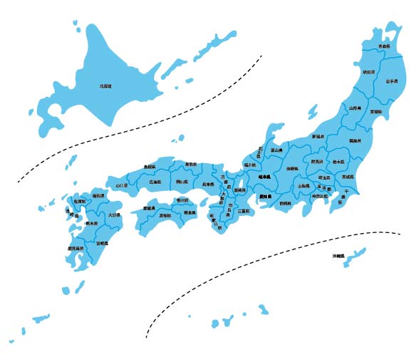 イラスト無料｜シンプルな日本地図　青色　都道府県で線引き
