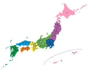 シンプルな日本地図　カラフル　都道府県で色分け