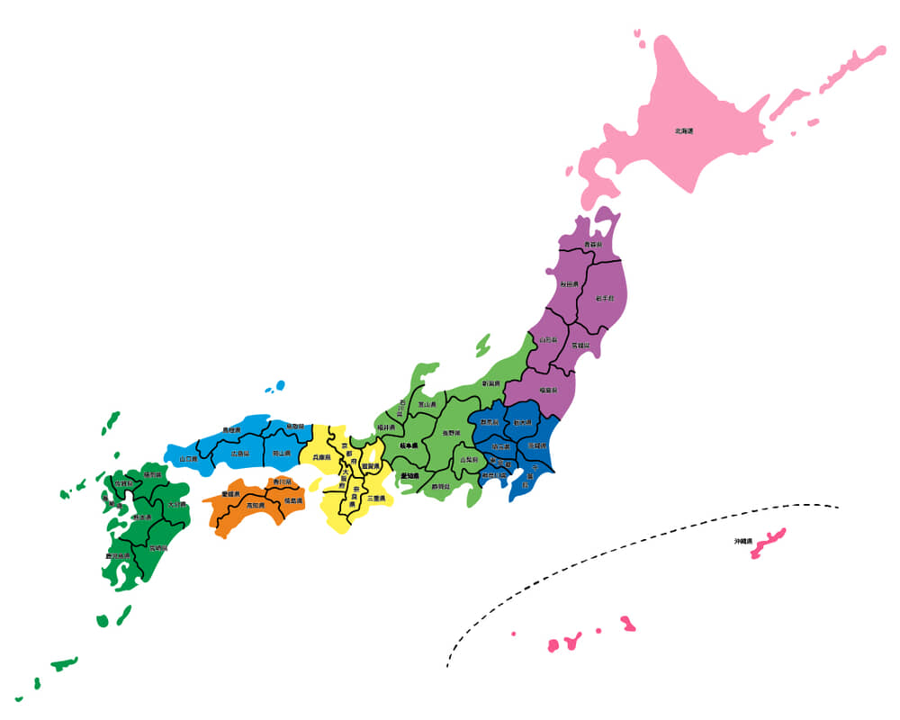 イラスト無料｜シンプルな日本地図　カラフル　都道府県で色分け