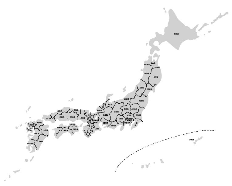 イラスト無料 シンプルな日本地図 グレー 都道府県で線引き イラストダウンロード
