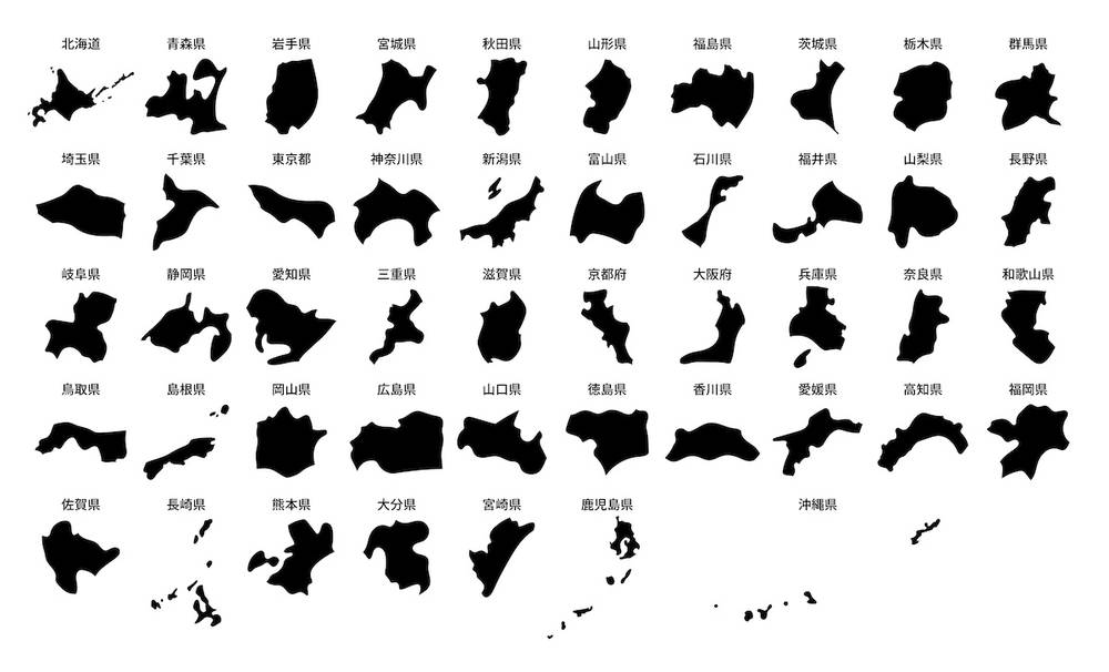 イラスト無料｜シンプルな日本地図　都道府県ごとに切り分け　黒　モノクロ
