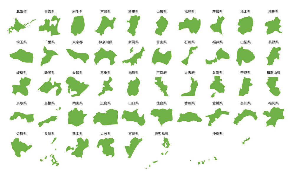 イラスト無料｜シンプルな日本地図　都道府県ごとに切り分け　黄緑色