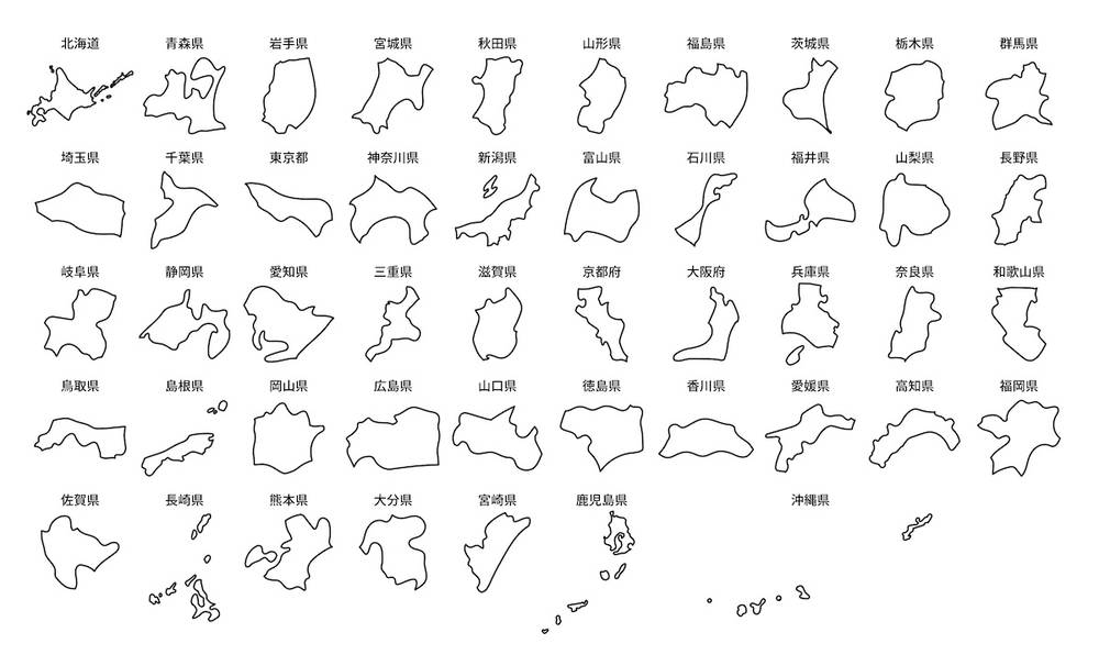 イラスト無料｜シンプルな日本地図　都道府県ごとに切り分け　線画