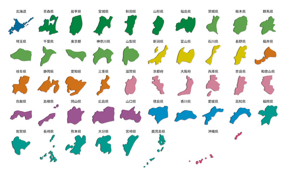 イラスト無料｜シンプルな日本地図　都道府県ごとに切り分け　カラフル　3D　エリアで色分け