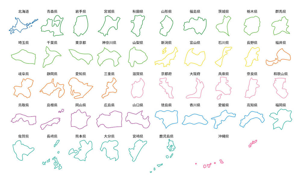 イラスト無料｜シンプルな日本地図　都道府県ごとに切り分け　カラフル　線　エリアで色分け