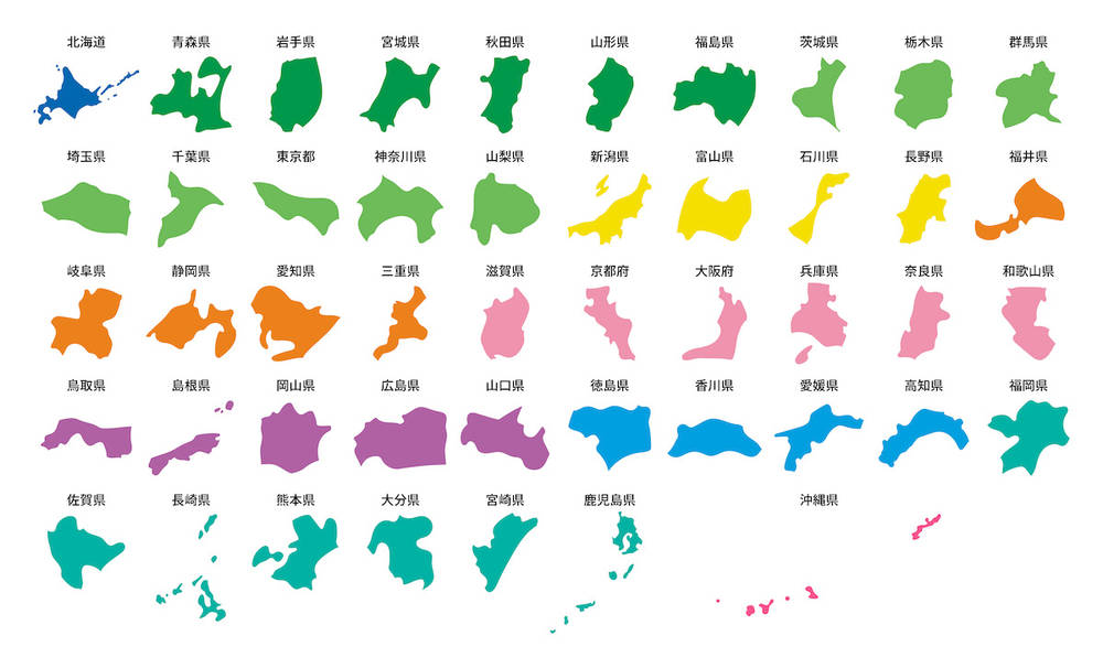 イラスト無料｜シンプルな日本地図　都道府県ごとに切り分け　カラフル　エリアで色分け
