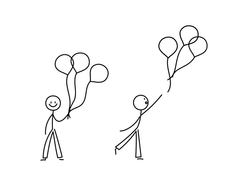 イラスト無料｜シンプルな棒人間のイラストセット　複数の風船を持つ