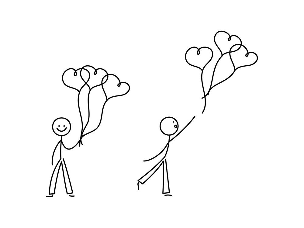 イラスト無料 シンプルな棒人間のイラストセット 複数のハートの風船を持つ 公式 イラストダウンロード