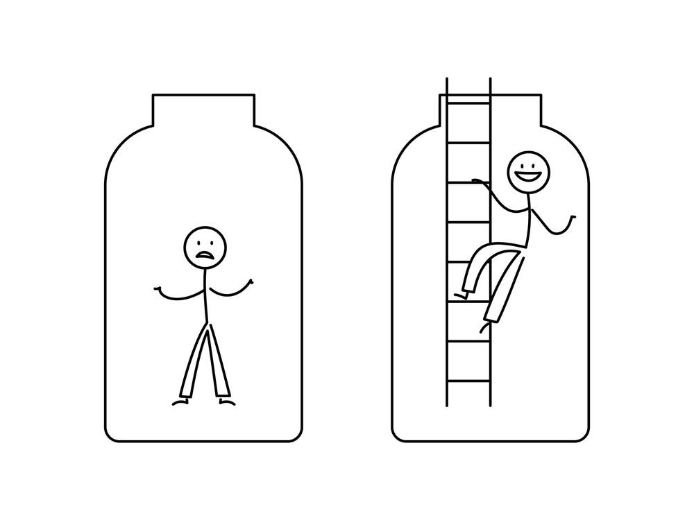 イラスト無料｜シンプルな棒人間のイラストセット　瓶の中で孤立する　這い上がる