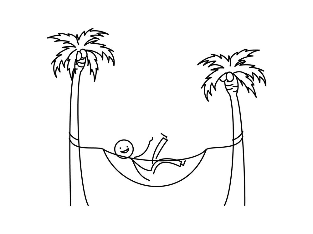 イラスト無料｜シンプルな棒人間のイラストセット　ハンモックで寝る　椰子の木　バカンス