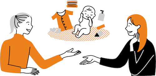 イラスト無料 赤ちゃんやベビーグッズについて話をする女性のイラスト シンプルタッチ 公式 イラストダウンロード