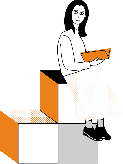 イラスト無料｜立方体に座る女性のイラスト　シンプルタッチ