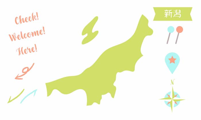 イラスト無料｜新潟の地図　ピンと矢印のセット