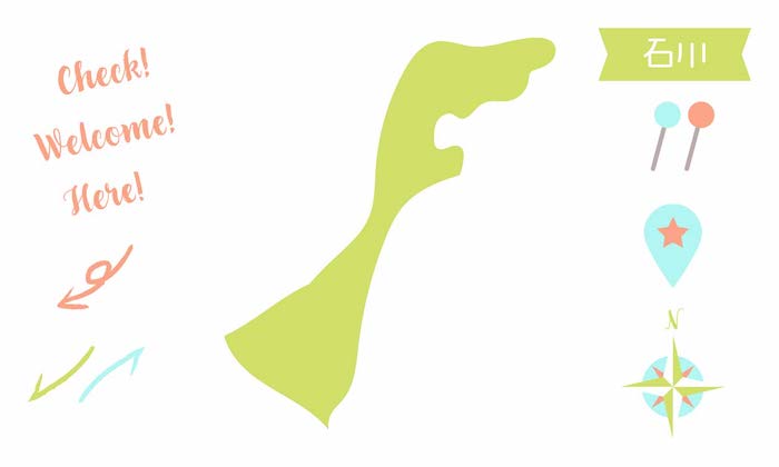 イラスト無料｜石川の地図　ピンと矢印のセット