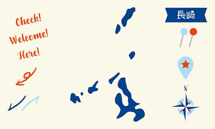 イラスト無料｜長崎の地図　ピンと矢印のセット