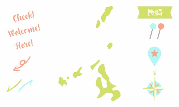 イラスト無料｜長崎の地図　ピンと矢印のセット