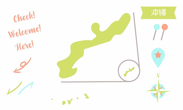 イラスト無料｜沖縄の地図　ピンと矢印のセット