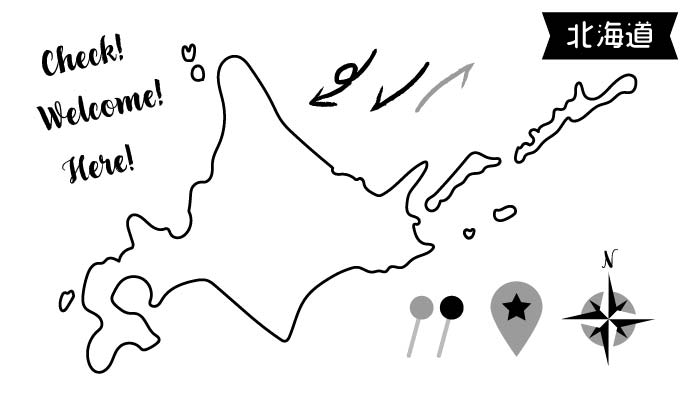 イラスト無料｜北海道の地図　モノクロ　ピンと矢印のセット