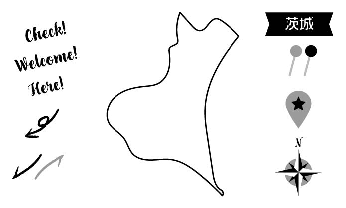 イラスト無料｜茨城の地図　モノクロ　ピンと矢印のセット