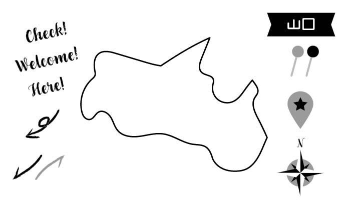 イラスト無料｜山口の地図　モノクロ　ピンと矢印のセット