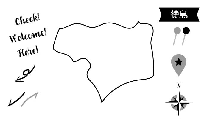 イラスト無料｜徳島の地図　モノクロ　ピンと矢印のセット