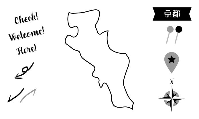 イラスト無料 京都の地図 モノクロ ピンと矢印のセット 公式 イラストダウンロード