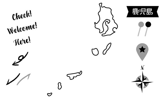 イラスト無料｜鹿児島の地図　モノクロ　ピンと矢印のセット