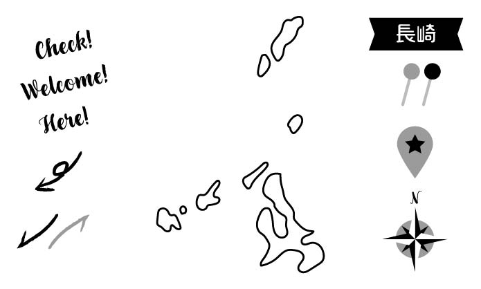 イラスト無料｜長崎の地図　モノクロ　ピンと矢印のセット