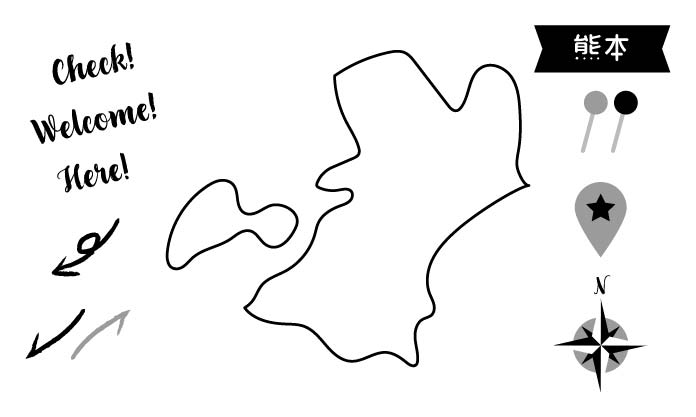 イラスト無料｜熊本の地図　モノクロ　ピンと矢印のセット