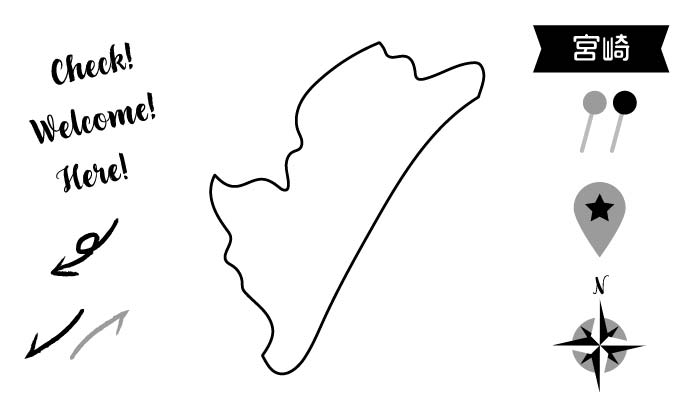 イラスト無料｜宮崎の地図　モノクロ　ピンと矢印のセット