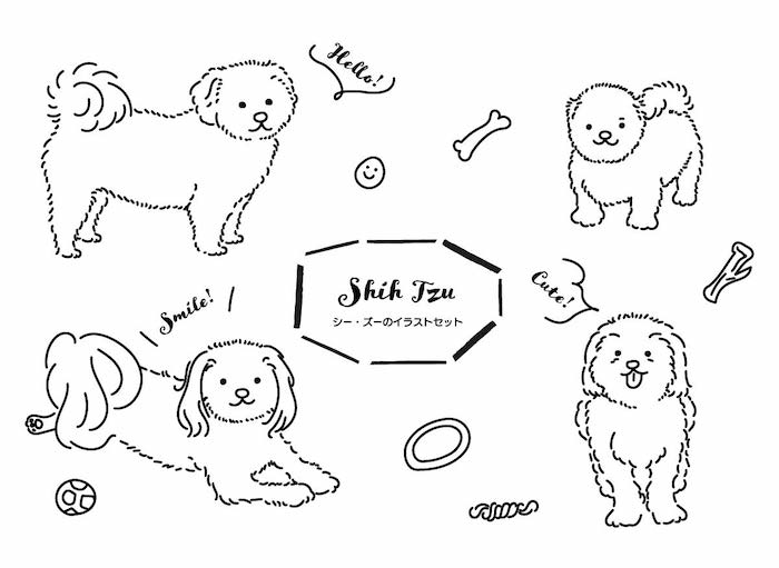 イラスト無料｜シーズー　犬の手書きイラストセット　線画
