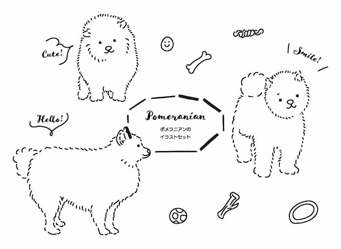 イラスト無料｜ポメラニアン　犬の手書きイラストセット　線画