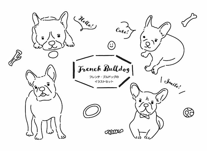 イラスト無料｜フレンチブルドッグ　犬の手書きイラストセット　線画