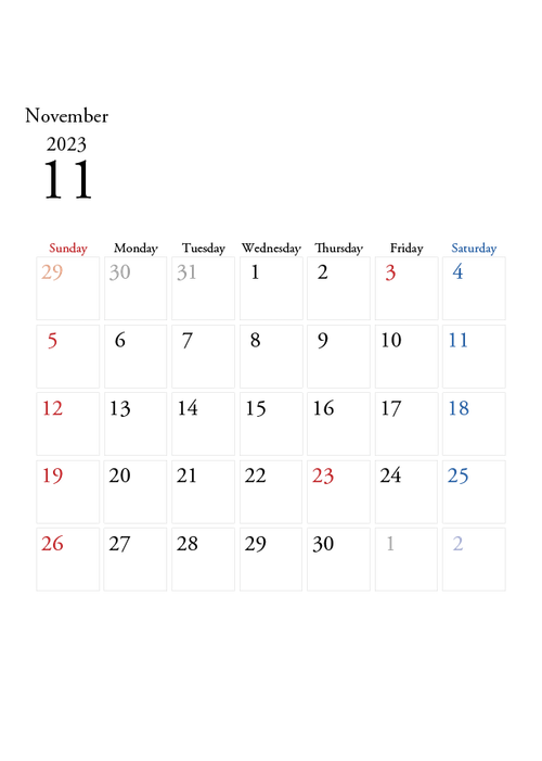 2023年の無料カレンダーPDFあり｜シンプルデザイン　11月　A4サイズ　日曜日はじまり