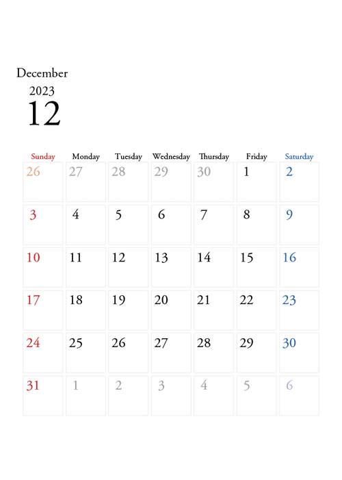 2023年の無料カレンダーPDFあり｜シンプルデザイン　12月　A4サイズ　日曜日はじまり