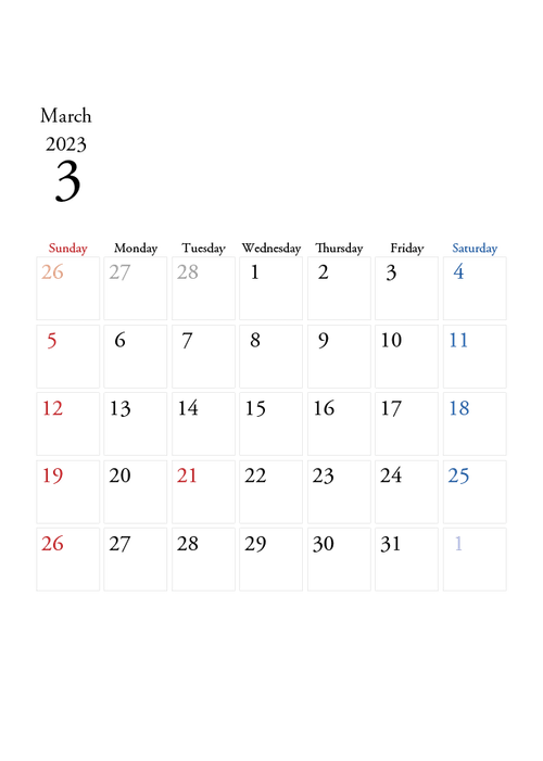 2023年の無料カレンダーPDFあり｜シンプルデザイン　3月　A4サイズ　日曜日はじまり