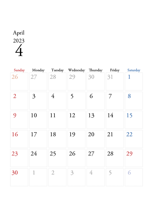 2023年の無料カレンダーPDFあり｜シンプルデザイン　4月　A4サイズ　日曜日はじまり