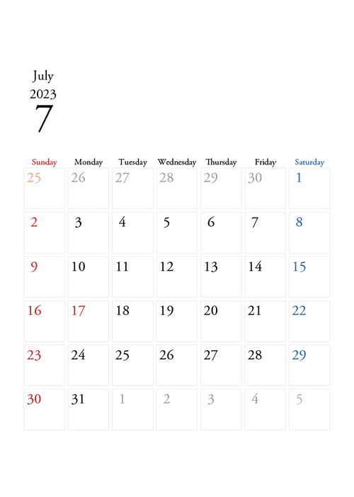 2023年の無料カレンダーPDFあり｜シンプルデザイン　7月　A4サイズ　日曜日はじまり