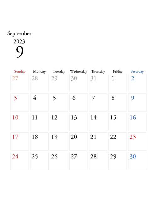 2023年の無料カレンダーPDFあり｜シンプルデザイン　9月　A4サイズ　日曜日はじまり
