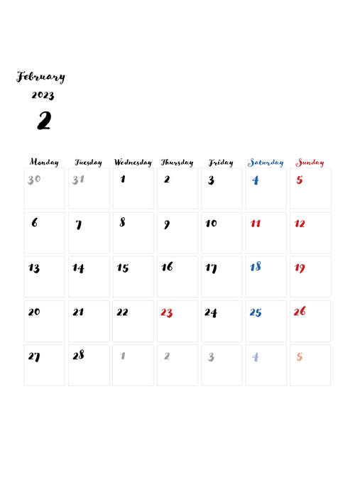 2023年の無料カレンダーPDFあり｜かわいいデザイン　2月　A4サイズ　月曜日はじまり