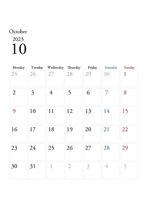2023年の無料カレンダーPDFあり｜シンプルデザイン　10月　A4サイズ　月曜日はじまり