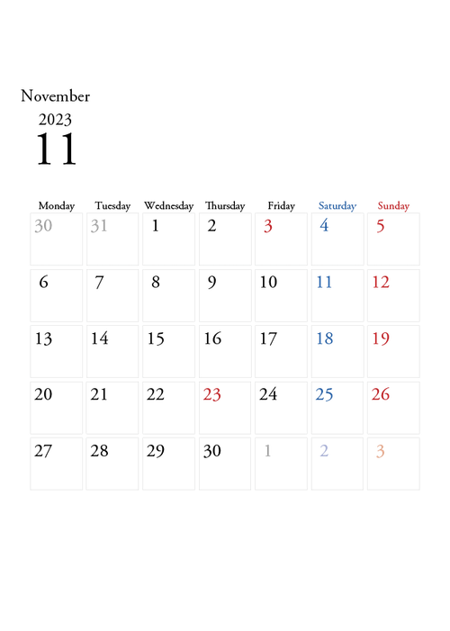 2023年の無料カレンダーPDFあり｜シンプルデザイン　11月　A4サイズ　月曜日はじまり