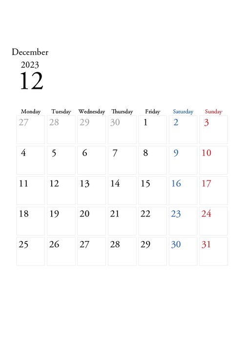 2023年の無料カレンダーPDFあり｜シンプルデザイン　12月　A4サイズ　月曜日はじまり