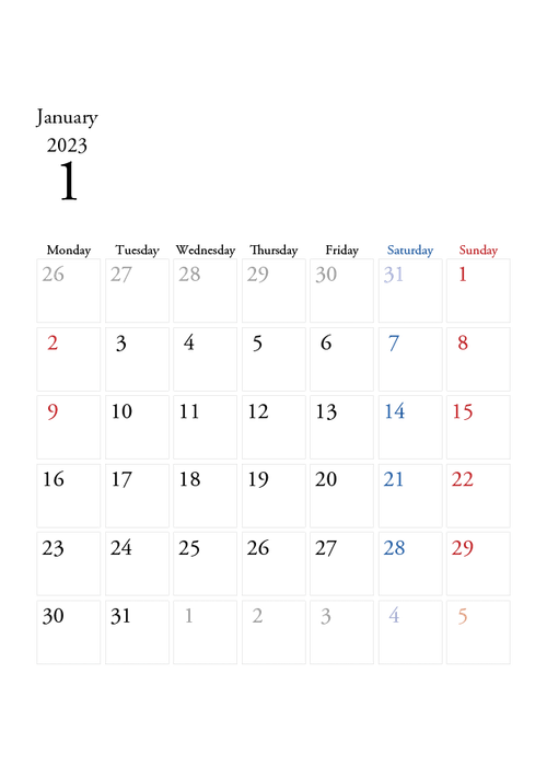 2023年の無料カレンダーPDFあり｜シンプルデザイン　1月　A4サイズ　月曜日はじまり