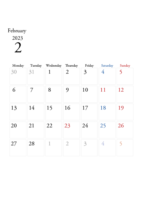 2023年の無料カレンダーPDFあり｜シンプルデザイン　2月　A4サイズ　月曜日はじまり