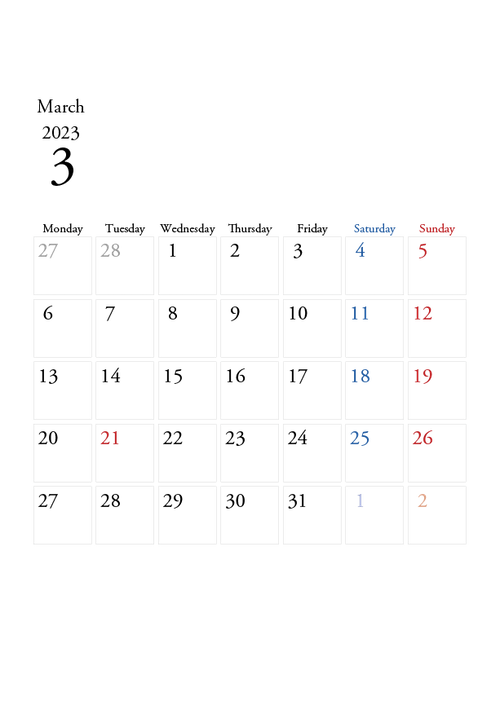 2023年の無料カレンダーPDFあり｜シンプルデザイン　3月　A4サイズ　月曜日はじまり