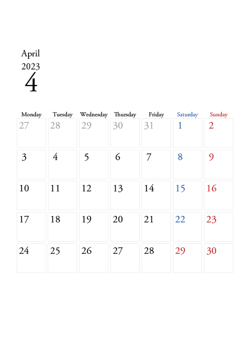 2023年の無料カレンダーPDFあり｜シンプルデザイン　4月　A4サイズ　月曜日はじまり